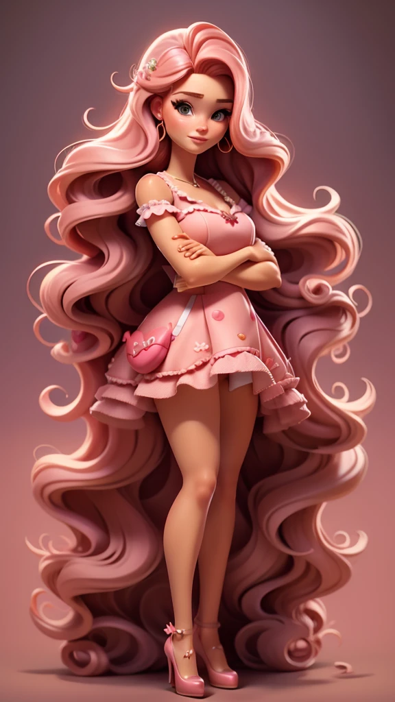 Sweet redhead, Barbie style. pink dress, Scene with candies, long hair
