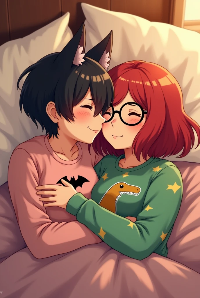 a girl with wolfcut black hair wearing a cute bat pajama costume and a shoulder length red hair girl with black glasses wearing a cute dinosaur green pajama in a bed. they're a lesbian couple