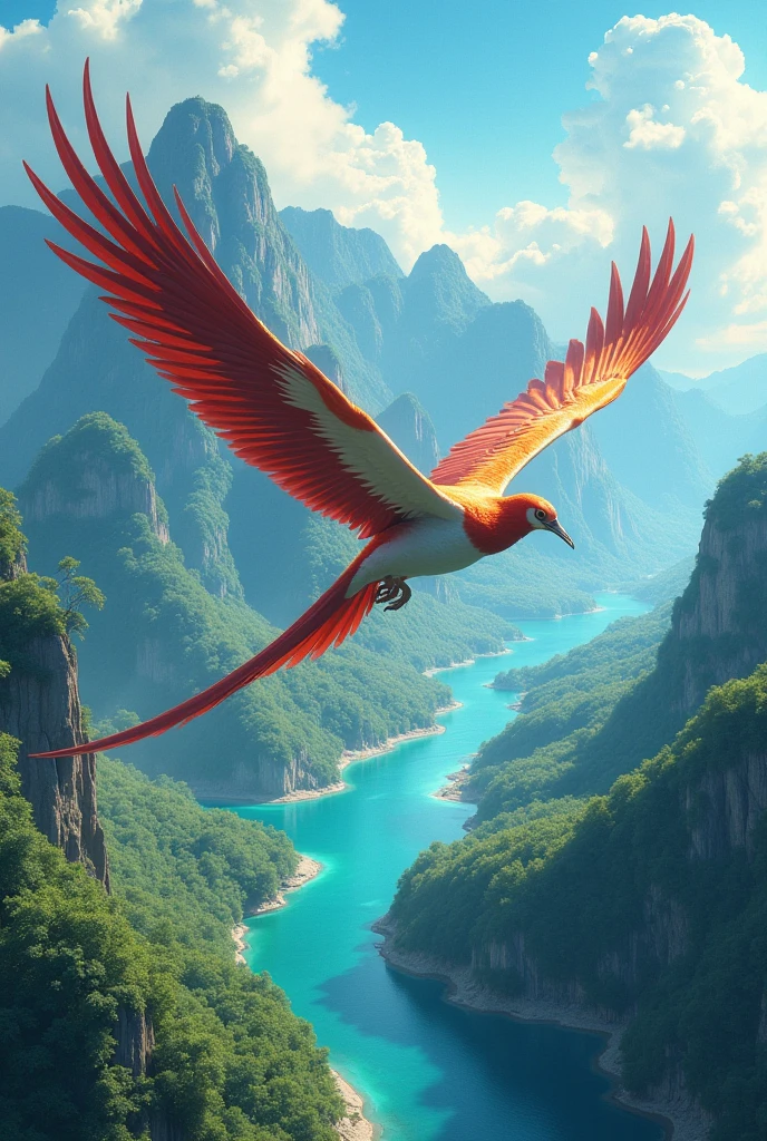 Very big beautiful bird、Long tail、Beautiful feathers、flying、A top-down view、Beautiful scenery below、Refreshing feeling、Real、