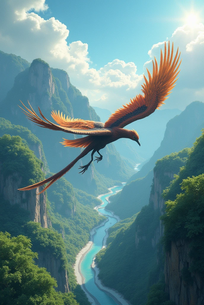 Very big beautiful bird、Long tail、Beautiful feathers、flying、A top-down view、Beautiful scenery below、Refreshing feeling、Real、