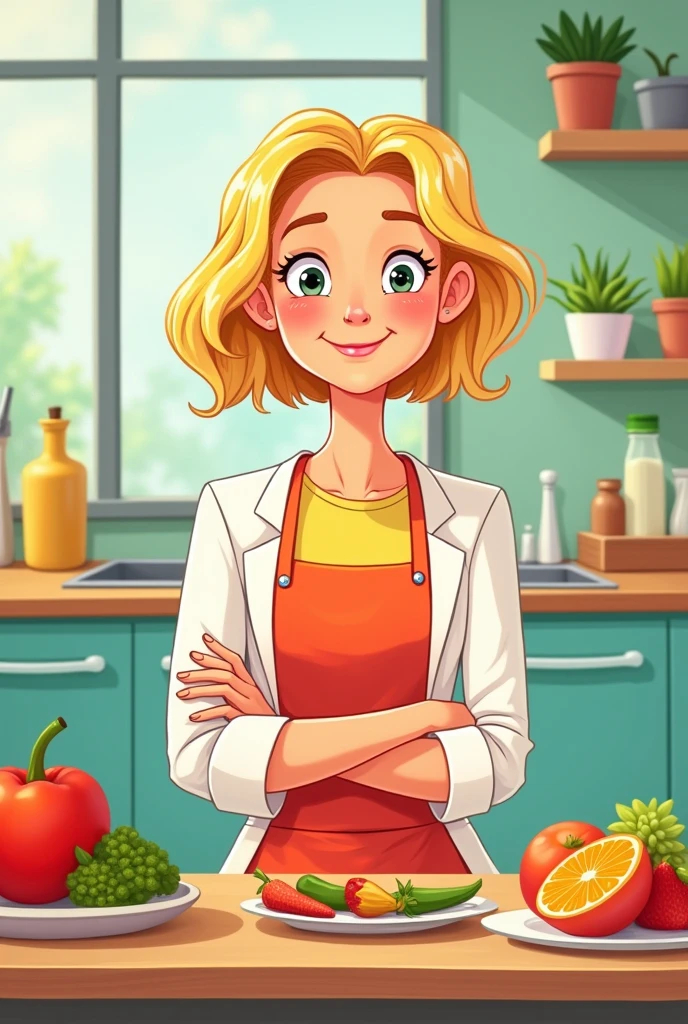 A nutritionist with short blonde hair in a cartoon style