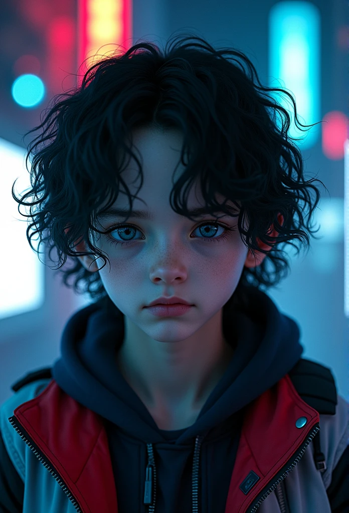 Sad Boy, одетый в красно-сине-белую cyberpunkовскую куртку, he has grey eyes, he has long black curly hair, He has pale skin, cyberpunk, glow, 8 K