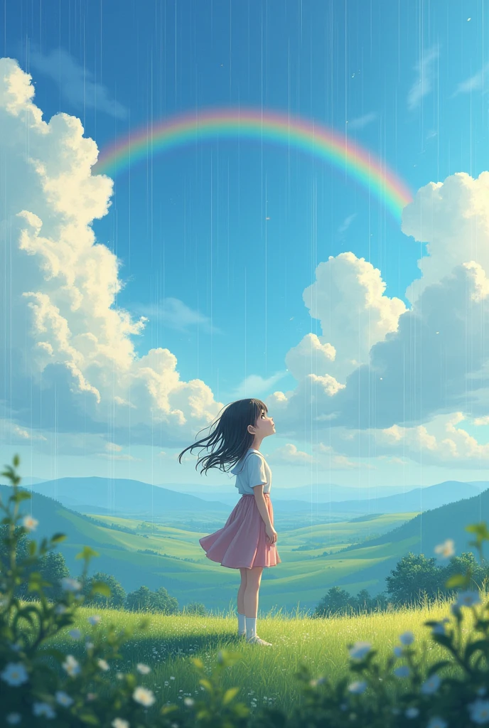 Highest quality, masterpiece, Ultra-high resolution, Realistically,stretch,rain,Looking at the cloudy sky,Wide angle,A girl is standing,pretty girl,rainbow