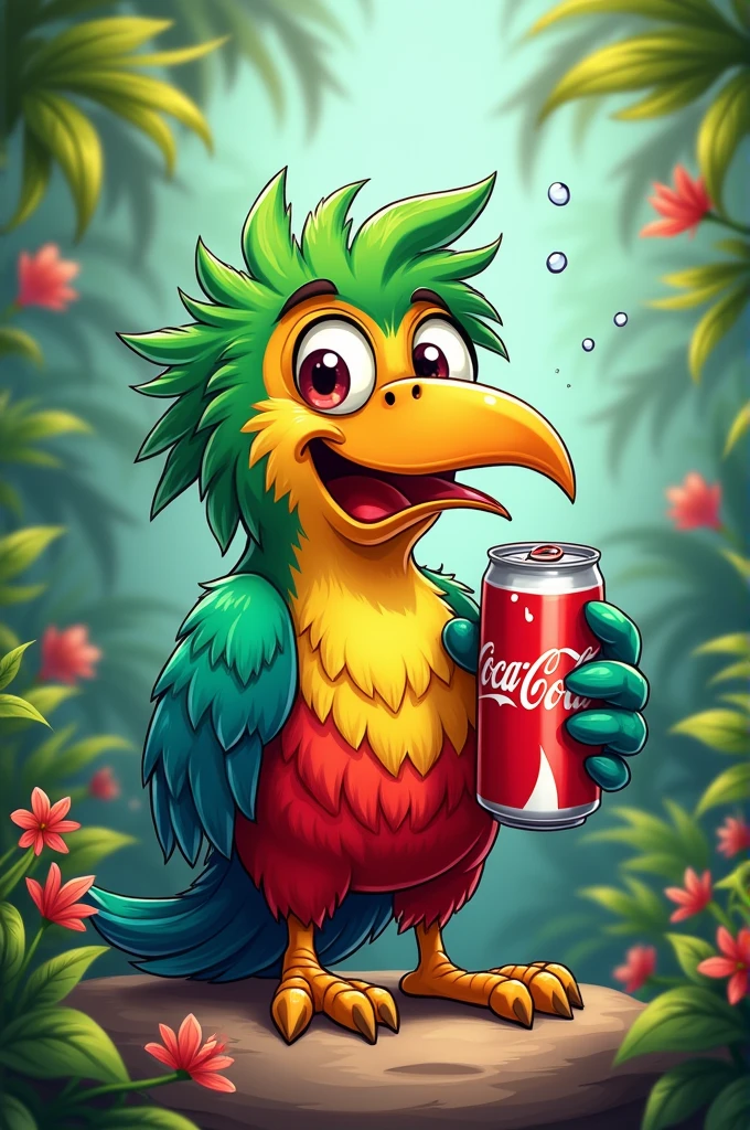 Cartoon of a quetzal drinking a coke