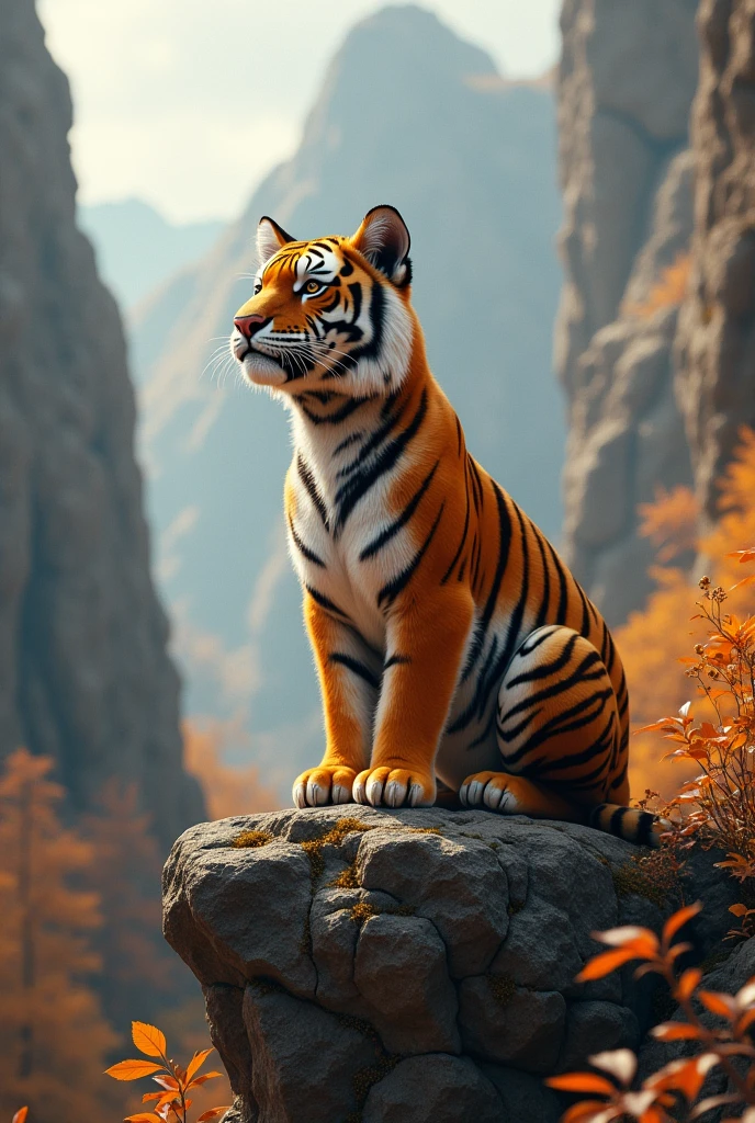 a pure brown tiger,on the cliff,Look sideways to high places,Background autumn,Tiger cute style