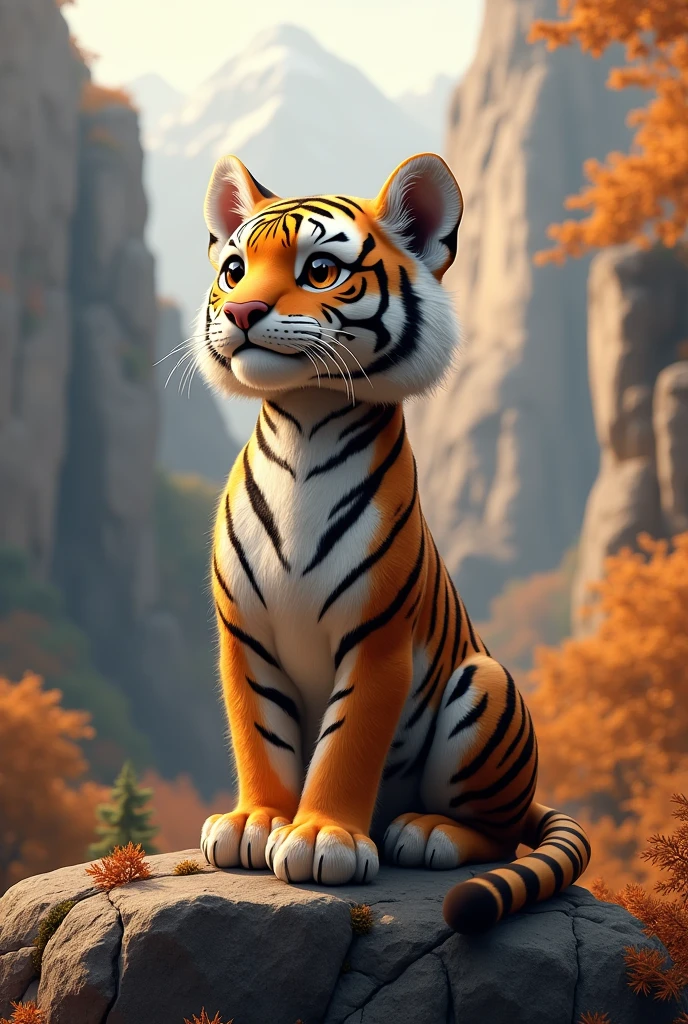a pure brown tiger,on the cliff,Look sideways to high places,Background autumn,Tiger cute style