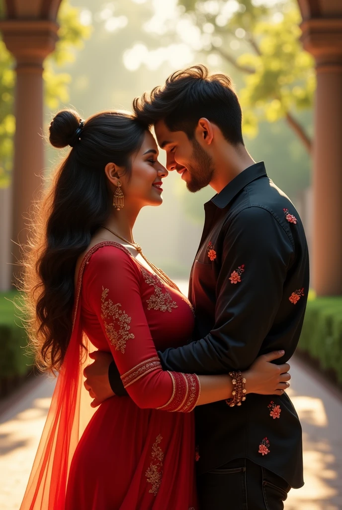 A girl wearing red dhavani and boy wearing black shirt with flowers printed.girl is some fat and boy is lean.they are college students.they hug each other