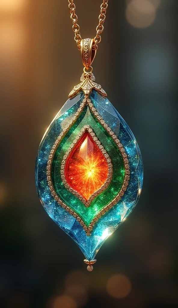 a shimmering blue pendant with a green inner layer and a fiery red core, suspended from a golden chain, ultra-detailed, realistic, photorealistic, photo-realistic:1.37, extremely detailed description, professional, vivid colors, high quality, best quality, 8k, masterpiece:1.2, jewelry, ornament, enchanting, elegant, layered, celestial, radiant, pulsing, mysterious, captivating, glowing, warm, sun-kissed, precious, mesmerizing