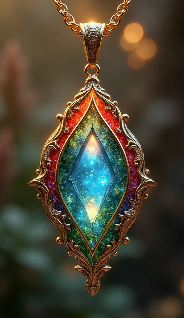 a shimmering blue pendant with a green inner layer and a fiery red core, suspended from a golden chain, ultra-detailed, realistic, photorealistic, photo-realistic:1.37, extremely detailed description, professional, vivid colors, high quality, best quality, 8k, masterpiece:1.2, jewelry, ornament, enchanting, elegant, layered, celestial, radiant, pulsing, mysterious, captivating, glowing, warm, sun-kissed, precious, mesmerizing