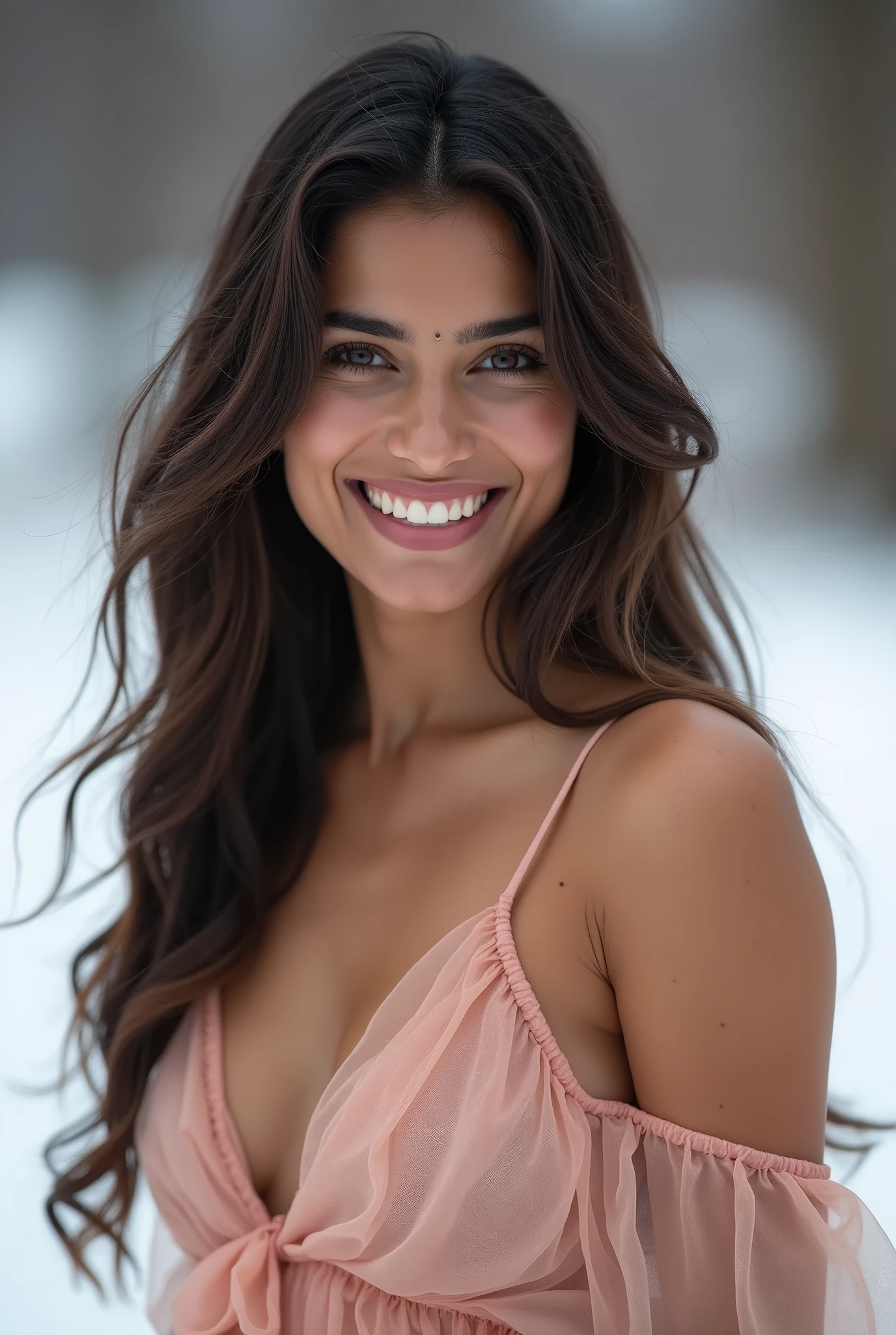 There is a young, Beautiful indian woman, who looks to the future like Katrina Kaif. Smiles into the camera, beautiful teeth. She stands there and looks into the camera, a portrait from raw photo, europa winter dress, 
