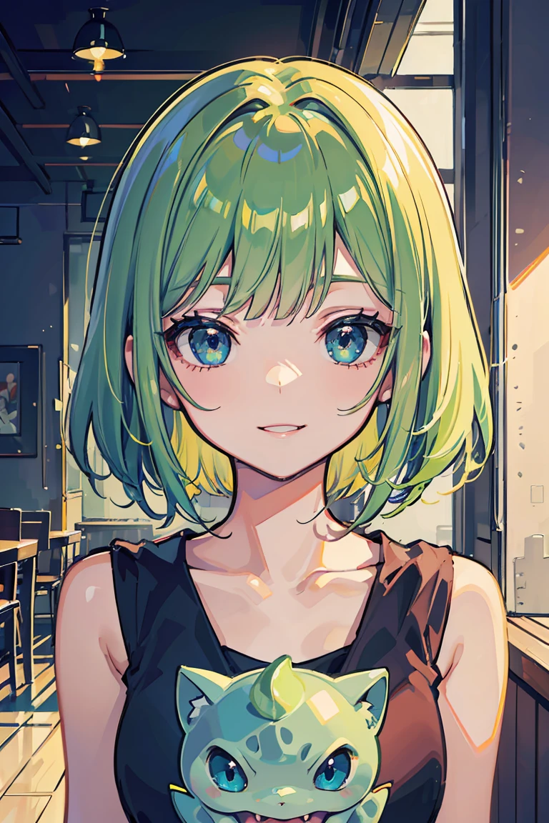 anime, (1 girl),Cowboy Shot, (super high quality),Bulbasaur, Lively fashion, Green Hair, ,smile, masterpiece, ,Warmth, Shiny Hair, whole body, Warmthのある色調を放つ太陽の光, Perfect body, Fresh, (Asymmetrical bangs:1.3), Highly detailed face and eyes, Perfect Lips, sf, Digital Art, beautiful, Cinema Lighting, tonalism, Romanticism, modern art, Impressionism, reflected light, 8k, masterpiece, Advanced Details, Highest quality, Accurate