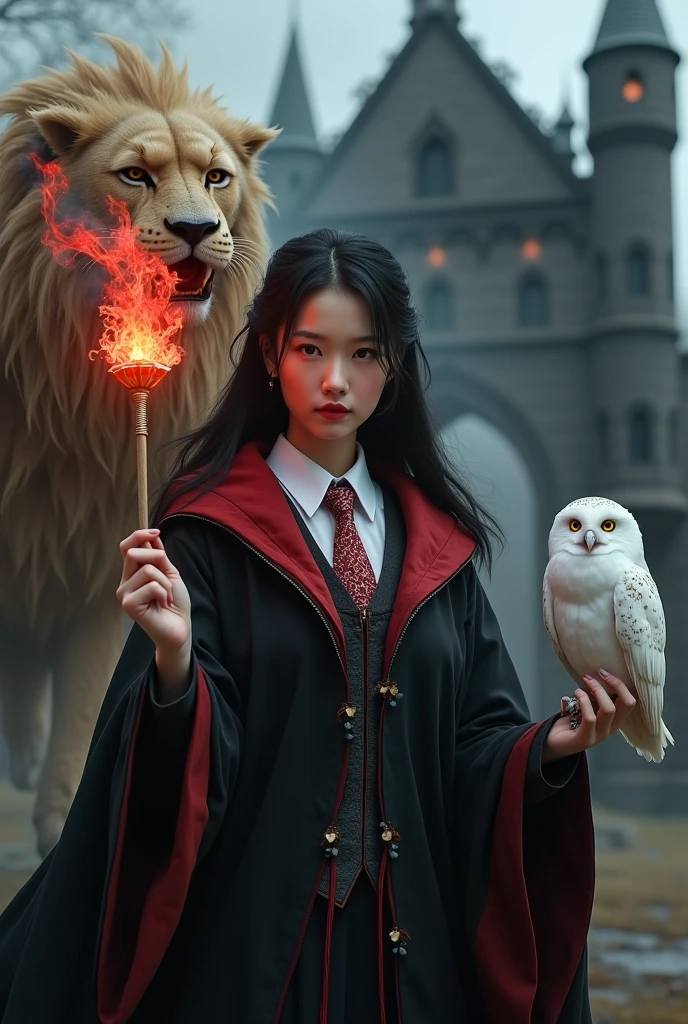 photorealistic photo, asian woman, white skin, Facing straight, Fluffy black hair, Slender fingers, There are five fingers on each hand., Black witch cloak, Red inner hood, black witch hat, White collared inner shirt, Red and white patterned tie, In the hand holding a small magic wand, There were several red fires and red smoke coming out of the wood., A white owl stands on the right shoulder., A large golden lion with a fiery red mane appeared from the left rear., The background is an old black castle.