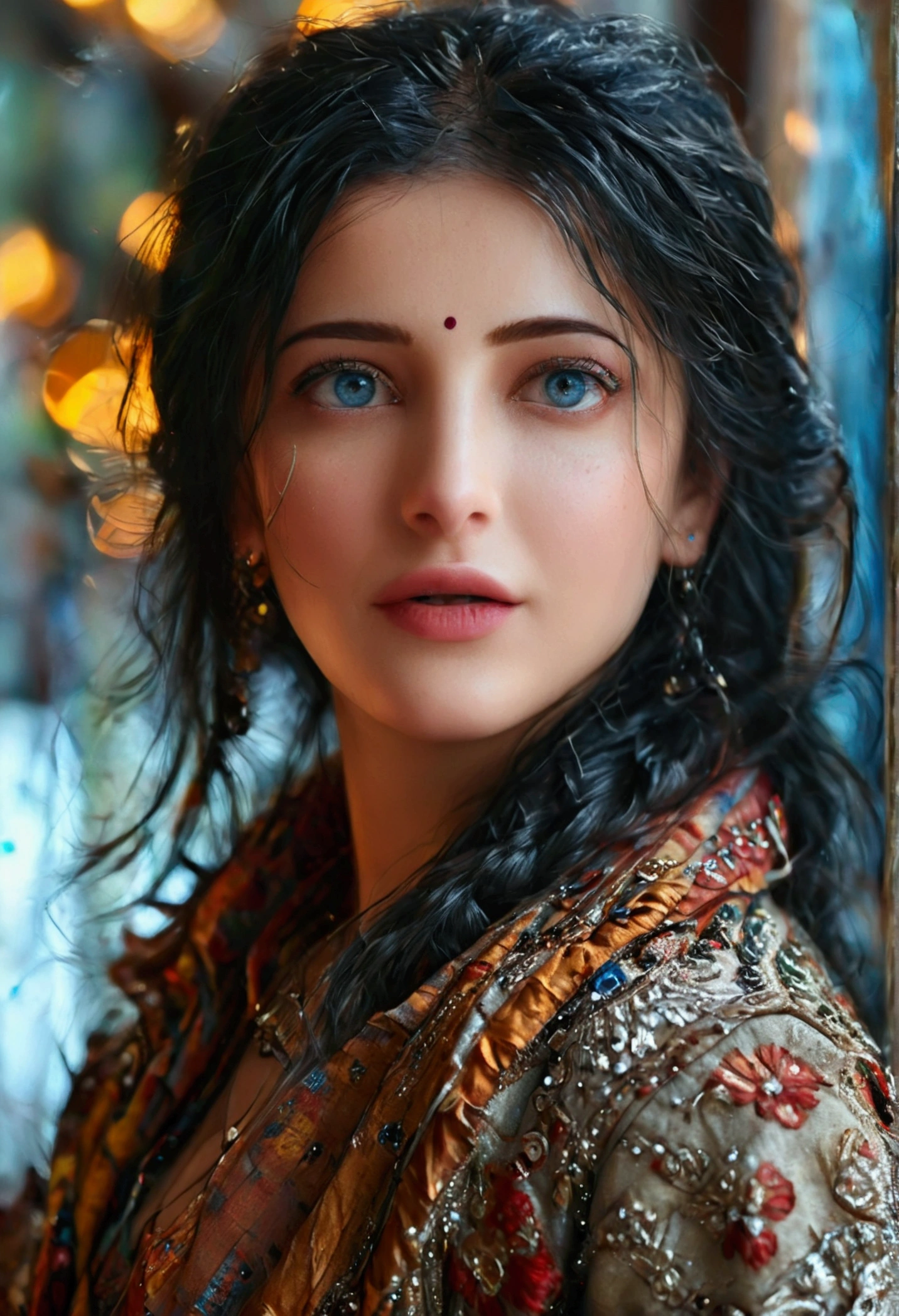 a beautiful detailed girl with blue eyes, black hair, and a jacket, extremely detailed face and eyes, longeyelashes, medium hair, (best quality,4k,8k,highres,masterpiece:1.2),ultra-detailed,(realistic,photorealistic,photo-realistic:1.37),cinematic lighting,intricate details,elegant pose,cinematic lighting,warm color tones,dramatic shadows, Shruti 