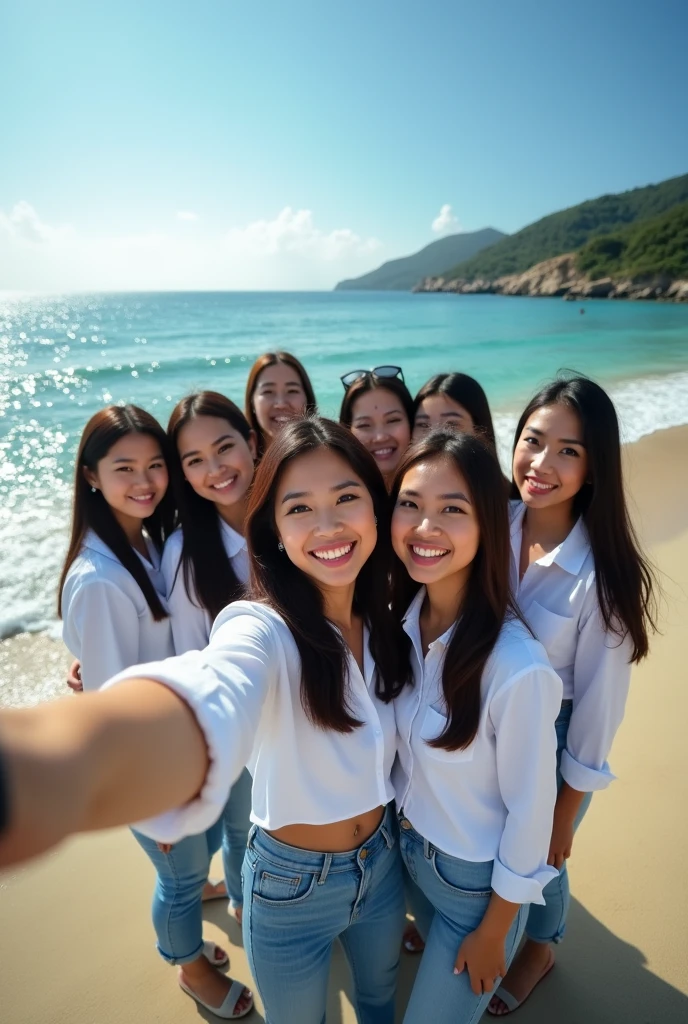 professional group photography there are 8 beautiful Indonesian women, who wears a white shirt , jeans, Senada is standing together using a selfie stick , with the background on the beach with the attractive lapping of the waves and bright blue clouds. fullHD, ultrahd+ , Earth's atmosphere,realistic, looks authentic, dramatic scene, must be detailed, seen from above using a drone