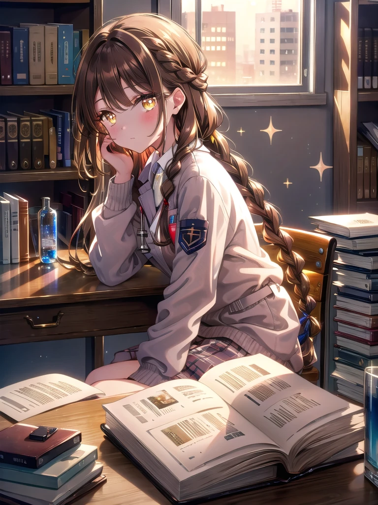 ((8k, Highest Quality, Masterpiece: 1.3)), Ultra High Resolution, (One Girl, Solo), (Color Changing Eyes, Super Detailed, Expressive Sparkle, Sparkling, Glowing Eyes), Highly detailed eyes, with her dark brown braided hair neatly arranged and her golden yellow eyes shining intelligently, she sits calmly at her desk in the nurse's office. She is wearing a sweater and a tight skirt with a lab coat, and she is resting her chin on the desk with her elbows on it, wearing a thoughtful expression. In the background is the nurse's desk, with medical books and prescriptions neatly arranged on it. The camera angle is set from the side of the desk, slightly upwards, to highlight her dark brown braided hair and golden yellow eyes.