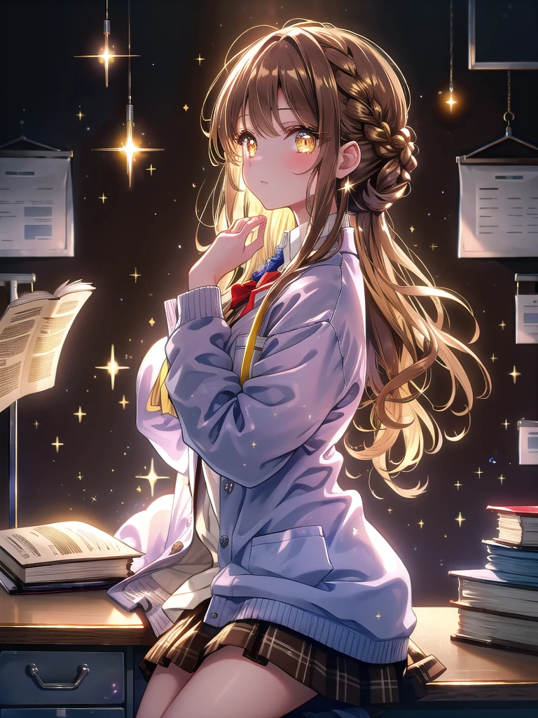 ((8k, Highest Quality, Masterpiece: 1.3)), Ultra High Resolution, (One Girl, Solo), (Color Changing Eyes, Super Detailed, Expressive Sparkle, Sparkling, Glowing Eyes), Highly detailed eyes, with her dark brown braided hair neatly arranged and her golden yellow eyes shining intelligently, she sits calmly at her desk in the nurse's office. She is wearing a sweater and a tight skirt with a lab coat, and she is resting her chin on the desk with her elbows on it, wearing a thoughtful expression. In the background is the nurse's desk, with medical books and prescriptions neatly arranged on it. The camera angle is set from the side of the desk, slightly upwards, to highlight her dark brown braided hair and golden yellow eyes.