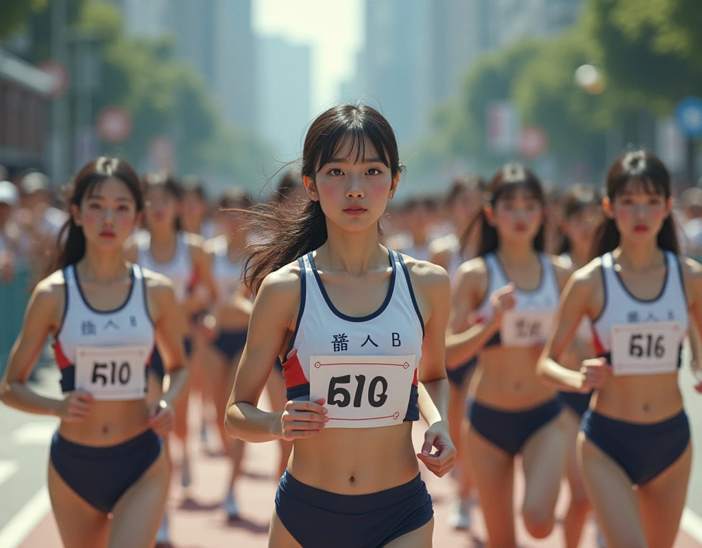 1 naïve one 8 years old、Japan College Girl、Track & Field Club Practice、Starting block is used on the 100m track at the athletics stadium、Practicing crouching start alone、Wearing a green bra top and green running shorts、 1man(akiko takase、Kazue Kato、、Aya Takano、Etsuko Miura、Town、tsugumi ohba、chiho、Rinko Kawaichi、Takeyuki Kanda)、 Body shape is 158 cm tall、Weight 53kg、Bust 83cm(D Cup)、Waist 61cm、Hips 86cm、 Shoulder-length black hair、bangs、wet with sweat、Sweaty skin、 The scene is an athletic stadium on a summer morning