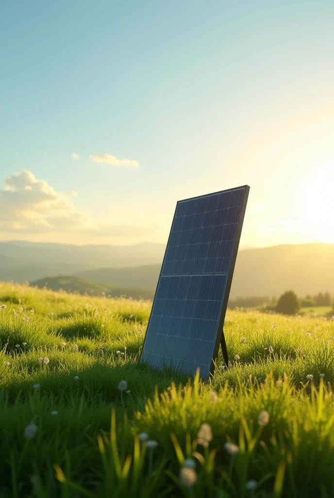I want a solar panel on grass and a clear sky

