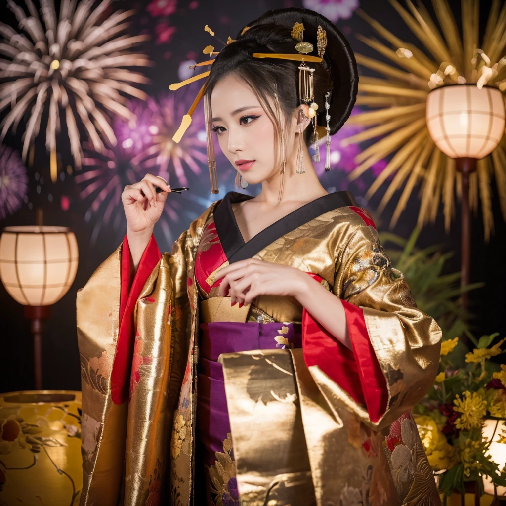 ((masterpiece(:1.4)，Highest quality，Ultra-high resolution，Highest quality，8k，Very detailed，In detail)), live-action, night，Fireworks display，Japanese，Beautiful woman，Big Breasts，Flashy gal makeup，Oiran，Long-sleeved kimono，uchikake，Gold brocade，Sunny clothes，Tying up hair，hairpin，hair ornaments，can，Oiran道中，Gorgeous and luxurious，(Fireworks displayのnightに河川敷で花火を背景にしたスナップ写真)，Accentuate your breasts，Pull the dress up to show your shoulders，Perfect fingertips , Perfect hands ,Bust up photo