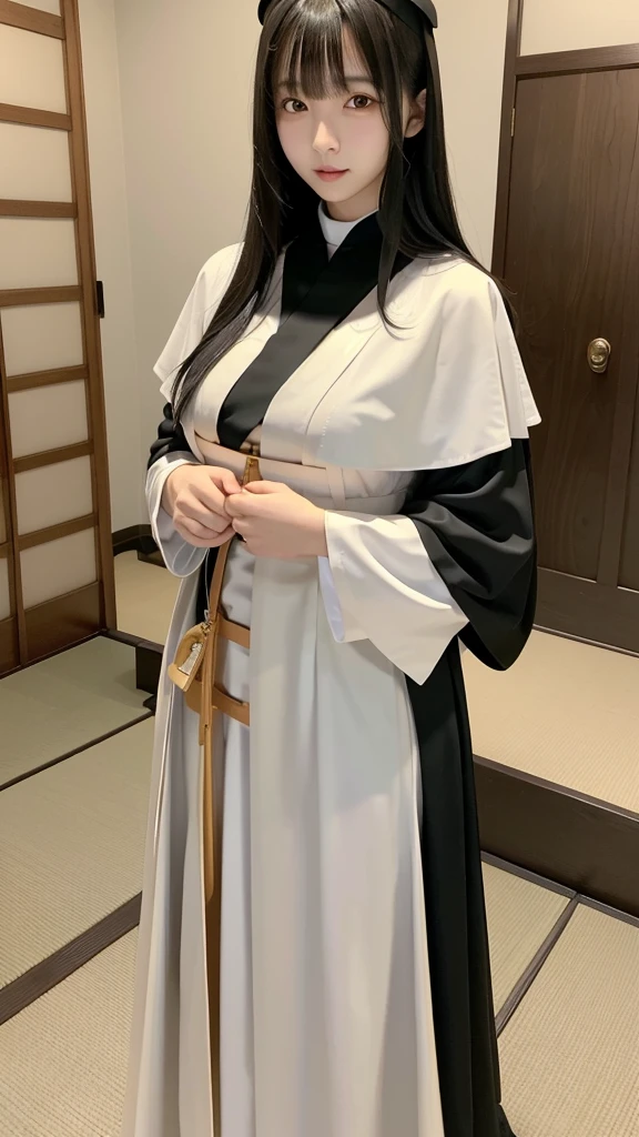 1 girl, Slim girl, Japanese,mesh,Black Hair,Small eyes,Very droopy eyes,Big thick lips,Large Breasts, holy,((full length)),(((Sacred))),((Cassock clothing))Shortcuts, Bangs,