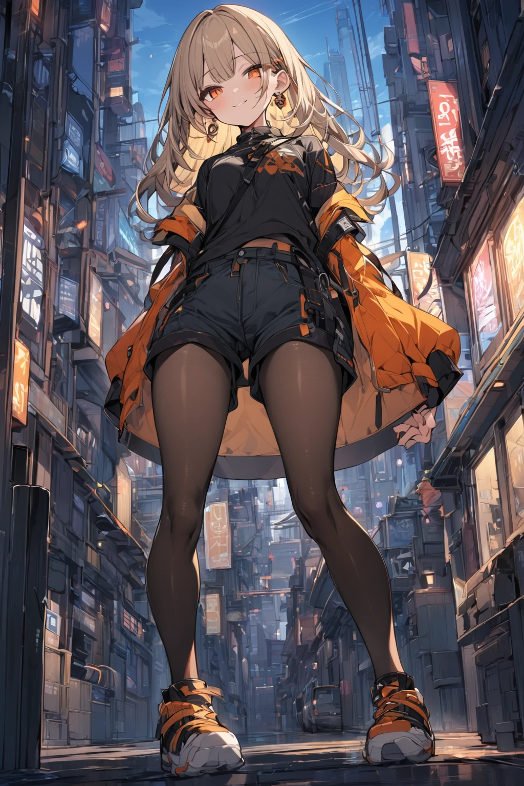 masterpiece, best quality, extremely detailed, cute girl, solo, (Half yellow hair, Half brown hair:1.1), bangs, BREAK ,orange eyes, BREAK, earring, jacket , shorts, pantyhose, naughty_face, long legs, girly_hair, arms behind back, cityscape