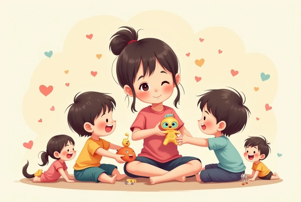 Girl shares toys with children，Cartoon，可爱Cartoon，可爱Cartoon风格，maternal love，Cute illustration，Clean anime art，Simple background