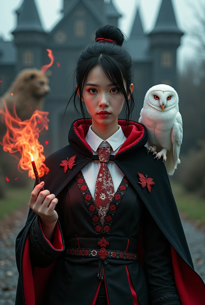 photorealistic photo, asian woman, white skin, Facing straight, Fluffy black hair, Slender fingers, There are five fingers on each hand., Black witch cloak, Red inner hood, black witch hat, White collared inner shirt, Red and white patterned tie, In the hand holding a small magic wand, There were several red fires and red smoke coming out of the wood., A white owl stands on the right shoulder., A large golden lion with a fiery red mane appeared from the left rear., The background is an old black castle.
