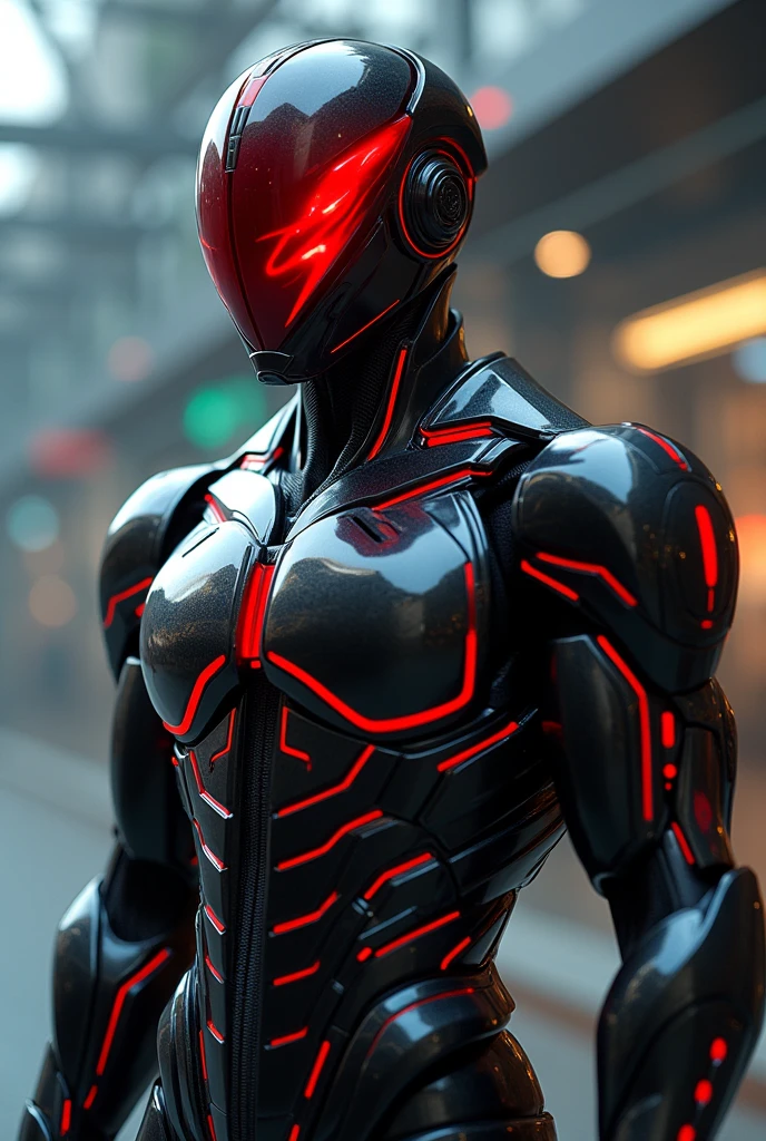 (photorealism:1.2), Kamen rider, futuristic, light armor suit, black armor suit with red line color, red sharp eye visor, slim fit body. 