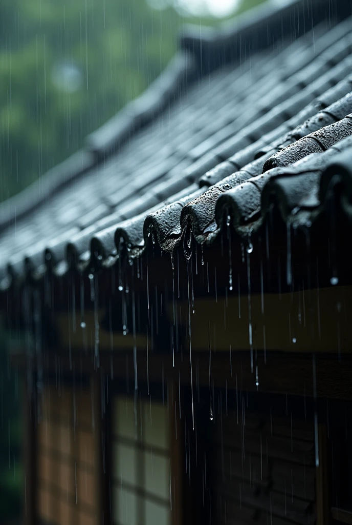 Pouring rain。Close-up photo of the roof of an old Japanese house