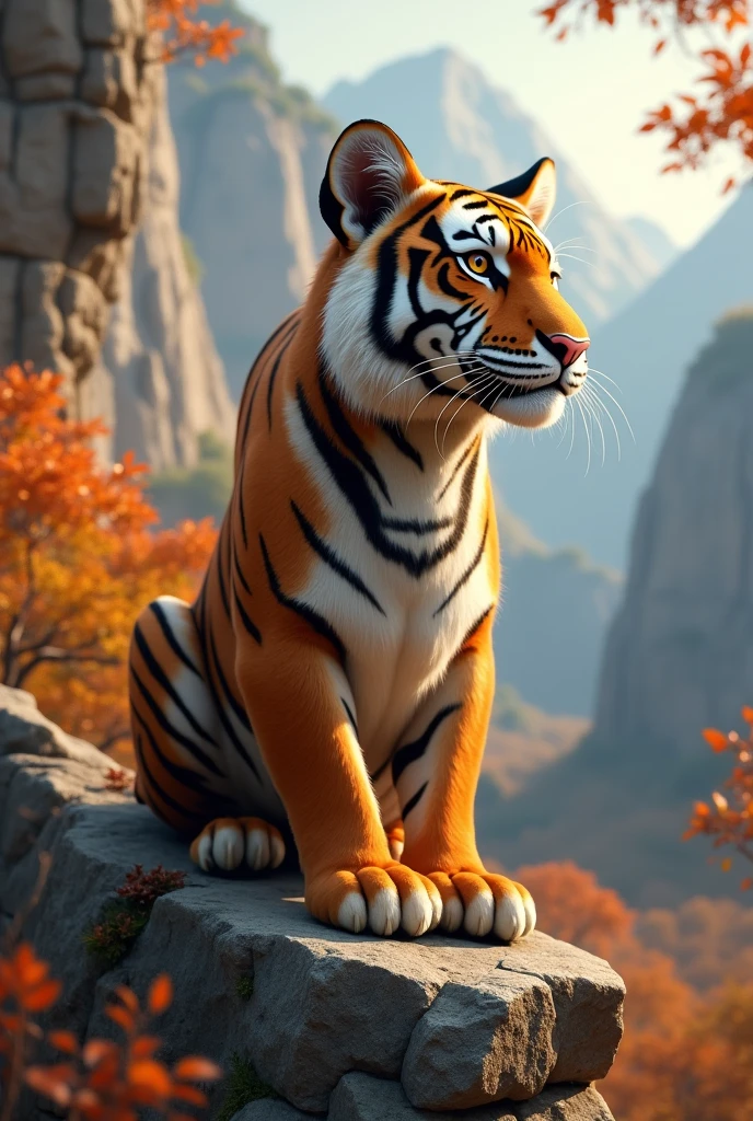 a pure brown tiger,on the cliff,Look sideways to high places,Background autumn,Tiger cute style
