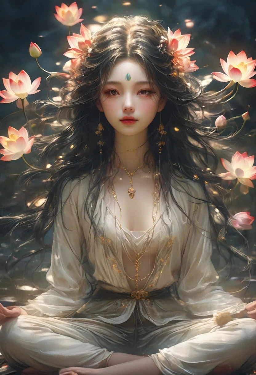 Lotus pose girl full body photography，Raw, Filming, (Clear focus:1.5), (Reality:1.4), Dusk lighting, Volumetric Lighting, Ultra-high resolution,Dramatic Lighting, White background,（tangled，Mandala，dispute，Entanglement), Fox Demon，Fox Mask，short jacket, Foxfire Curse, fox family, Transformation, Depth of Field, Dreamy atmosphere, The most beautiful chaos, grace, Brutalist Design Dark Theme, Flower of Death, Flowers of ecstasy，Glowing Line,Glow Example，Tracking Example，flash， Backlight，translucent，Light Particles
