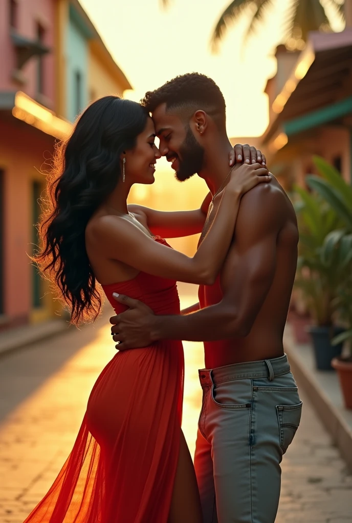Beautiful Puerto Rican woman dancing with lightskin skin man in Jamaica during summertime 