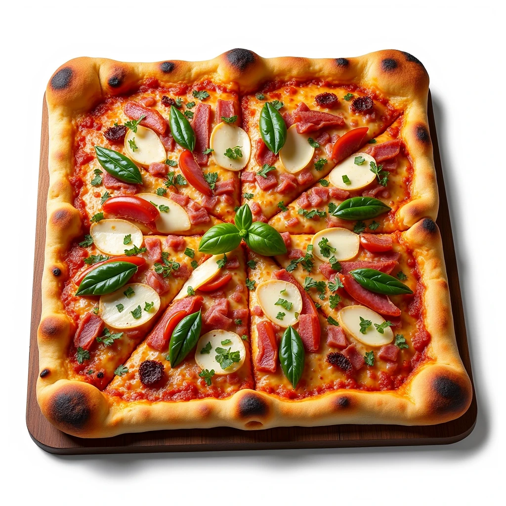 A large pizza,Square Pizza,Grilled Pizza,gourmet food,real picture,tasty,White background
