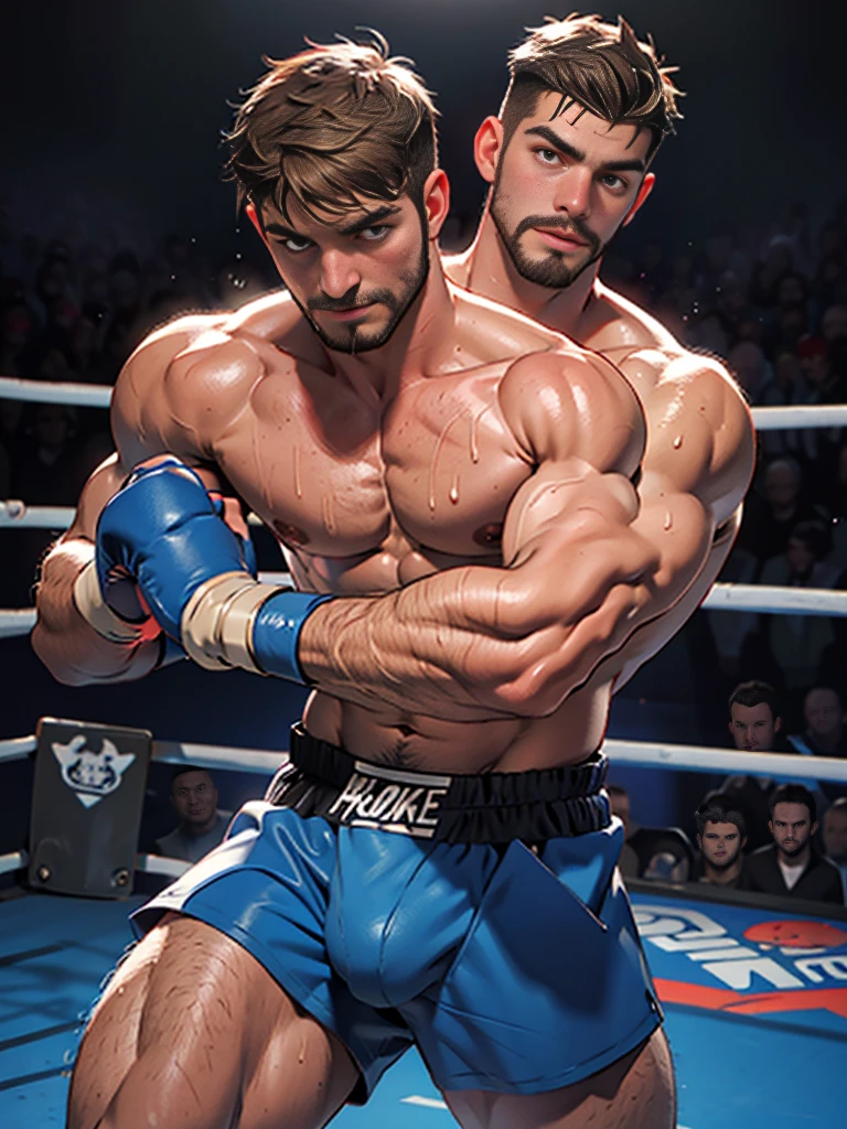 sexy mature daddy,stephen amell ,dark blond hair, stubble,beard and sexy moustache ,muscular , best quality, masterpiece, ultra high resolution, Detailed background, realism, illustration, single, muscles, Volumetric lighting, depth of field, beard, flow,wearing a boxing short , shirtless showing hard nipples , huge bulge, boxing gloves ,, martial artist, flow sweat, short dark blond hair, perfect eyes, barefoot, Boxing pose in the ring