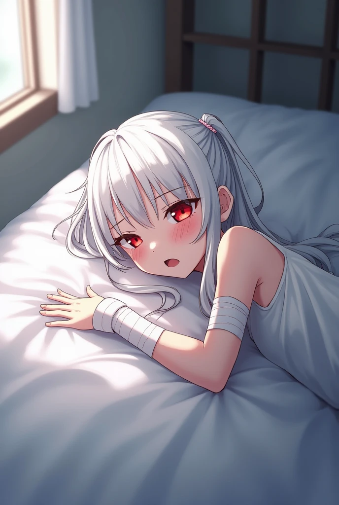 A white-haired, red-eyed girl was lying on the bed with wounds.. Anime creation