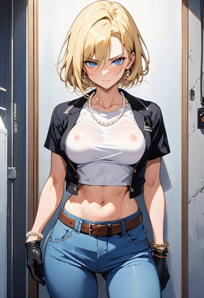 masterpiece, Highest quality, High resolution, (Artificial Human Room No. 18),1990s \(style\),(E-cup beautiful breasts)、height: 170cm,Sweating all over the body、vapor、Muscular、((sexy))、(nsfw),M-shaped legs,Sweaty、Composition from the front、独奏,Anime-style painting style, blonde hair, Blue eyes, belt, jeans, pearl_necklace, bracelet, black gloves, white shirt, short hair, short sleeves, earrings, blue pants, open vest, black vest,middle breasts,expressionless、Composition focusing on the upper body,(Cool face)、Pointed eyes