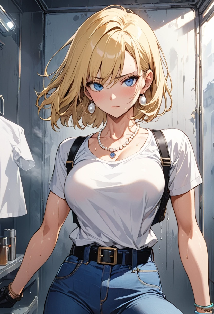 masterpiece, Highest quality, High resolution, (Artificial Human Room No. 18),1990s \(style\),(E-cup beautiful breasts)、height: 170cm,Sweating all over the body、vapor、Muscular、((sexy))、(nsfw),M-shaped legs,Sweaty、Composition from the front、独奏,Anime-style painting style, blonde hair, Blue eyes, belt, jeans, pearl_necklace, bracelet, black gloves, white shirt, short hair, short sleeves, earrings, blue pants, open vest, black vest,middle breasts,expressionless、Composition focusing on the upper body,(Cool face)、Pointed eyes