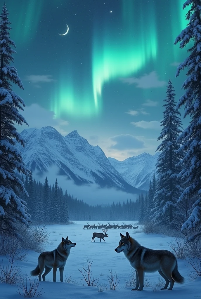 Alaska snowy night partly cloudy with stars and vibrant northern lights in the sky and mountain  in the background. 1 wolf howling and 2 Wolves in a forest overlooking a bull caribou with 2 cow caribou in a Meadow 