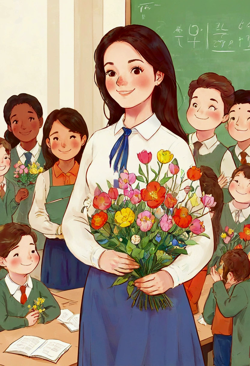 eacher's Day illustration, a lovely teacher holding flowers, surrounded by a group of students, in a classroom，corporate memphis style, white background