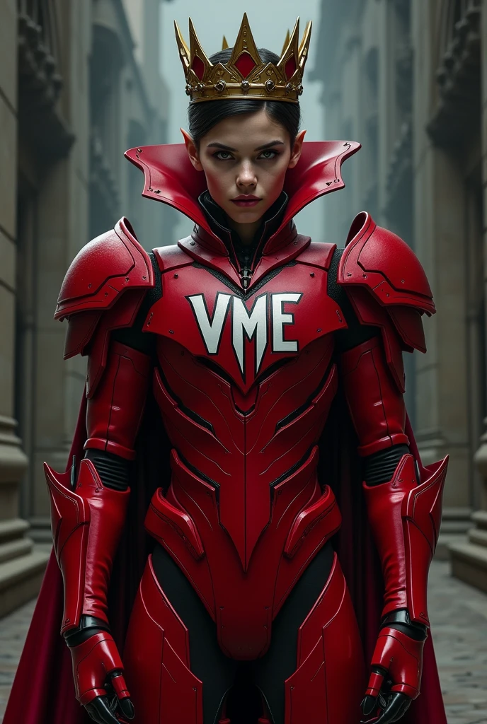 Create a age vampire wearing a crown, with the red demolition man's outfit, with the vme symbol on the uniform