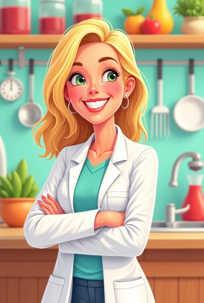 A middle-aged blonde nutritionist in cartoon style