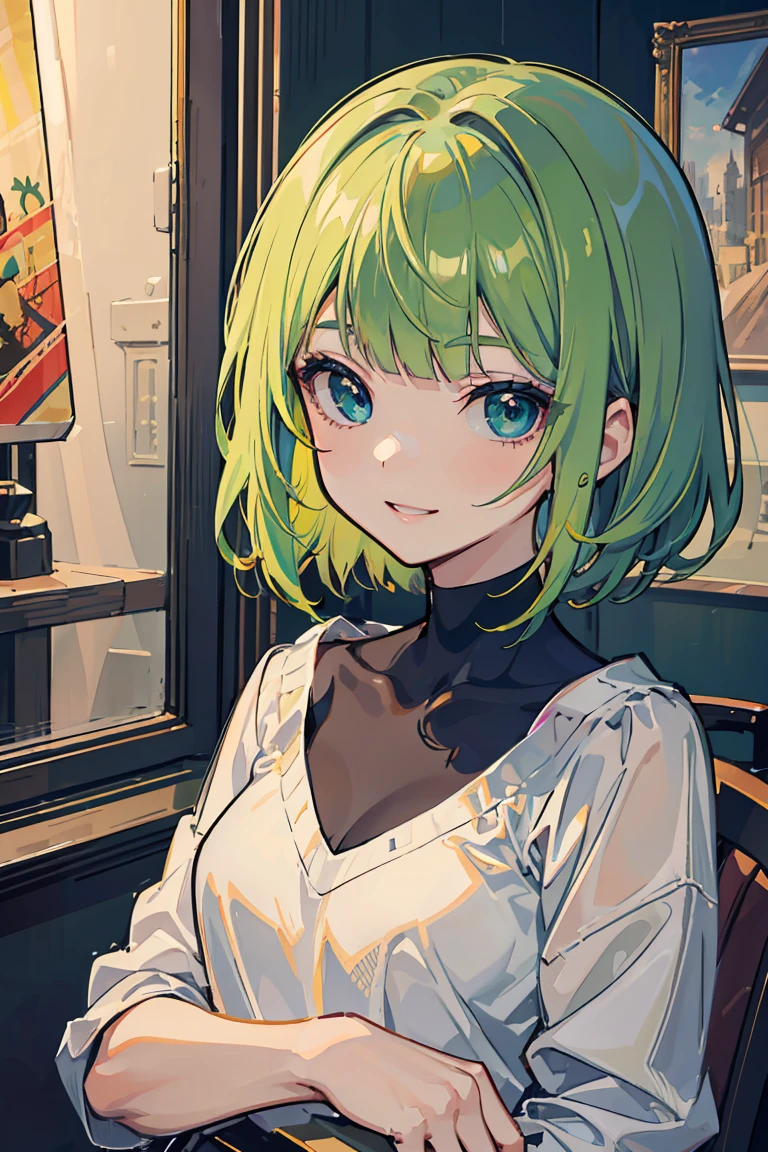 anime, (1 girl),Cowboy Shot, (super high quality),Bulbasaur, Lively fashion, Green Hair, ,smile, masterpiece, ,Warmth, Shiny Hair, whole body, Warmthのある色調を放つ太陽の光,  Perfect body, Fresh, (Asymmetrical bangs:1.3), Highly detailed face and eyes, Perfect Lips, sf, Digital Art, beautiful, Cinema Lighting, tonalism, Romanticism, modern art, Impressionism, reflected light, 8k, masterpiece, Advanced Details, Highest quality, Accurate