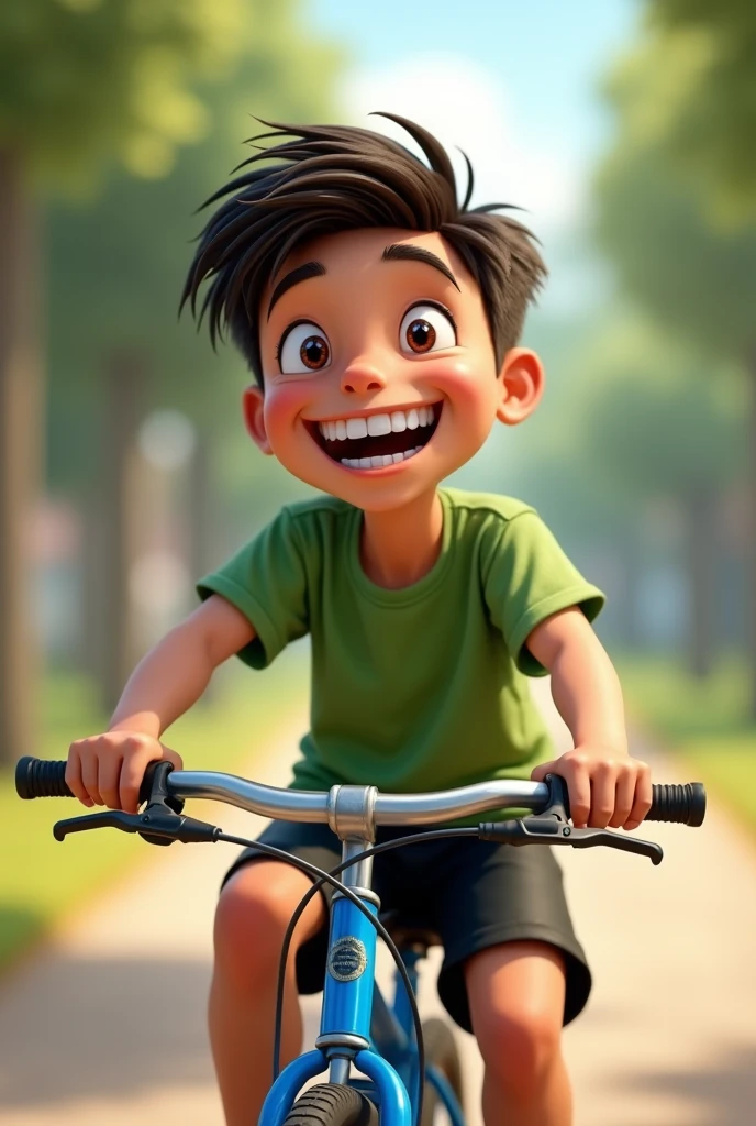 The nine years boy Waring a black Shorts and green t shirt and big smile with big front teeth and the boy sitting him blue bycicle 