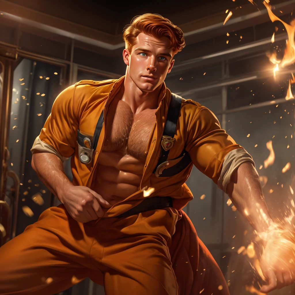 Illustration in Leyendecker style:a male 2 firefighter man taking off clothes at the fire-station, seductive facial expression, ginger hair, , hairy body, sweat on body, firefighter uniform, firefighter gear, pulled down pants, dynamic pose, staring at a viewer, natural lighting, natural shadows, reflections, 4K, HDR, highly detailed, ray tracing, reflections,