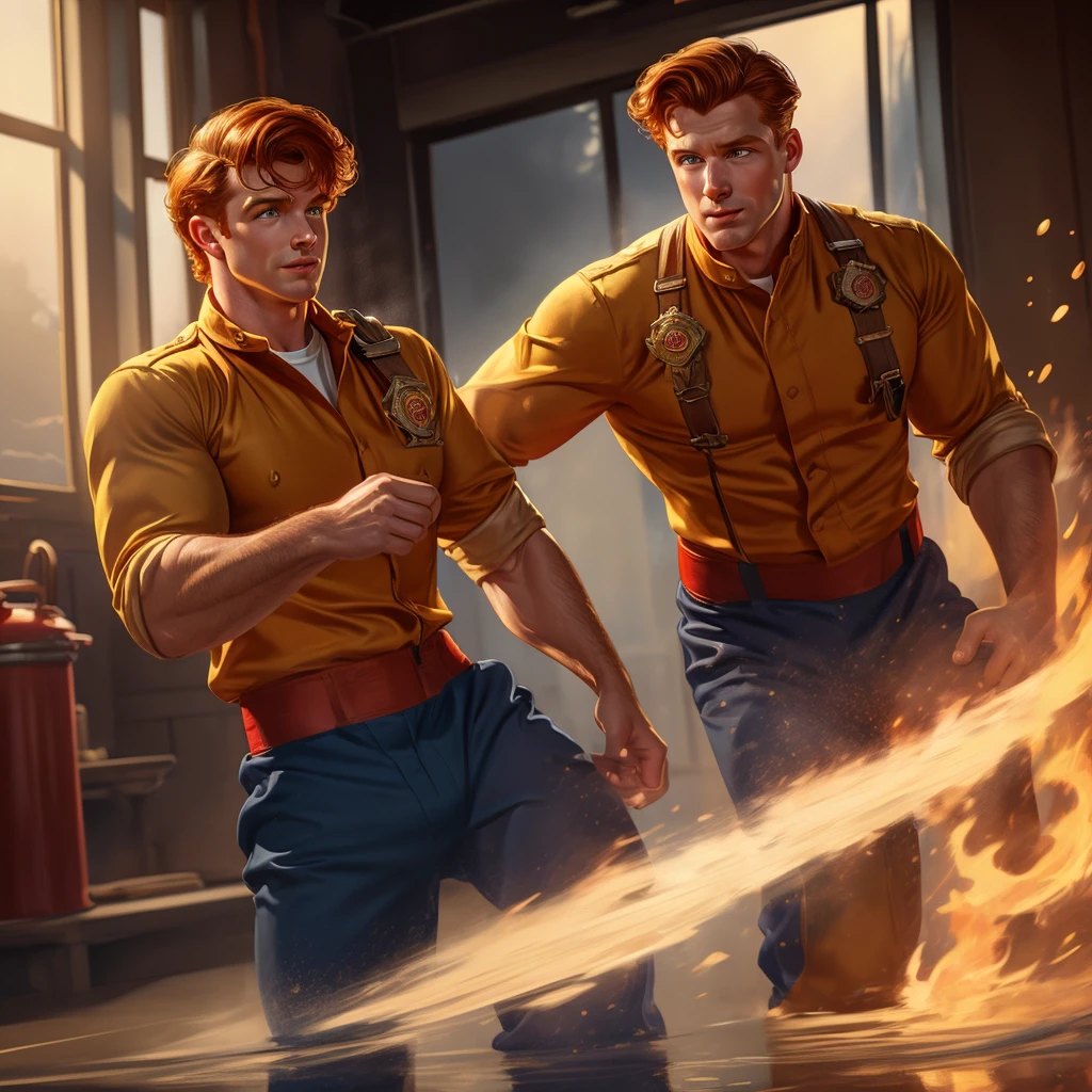 Illustration in Leyendecker style:a male 2 firefighter man taking off clothes at the fire-station, seductive facial expression, ginger hair, , hairy body, sweat on body, firefighter uniform, firefighter gear, pulled down pants, dynamic pose, staring at a viewer, natural lighting, natural shadows, reflections, 4K, HDR, highly detailed, ray tracing, reflections,