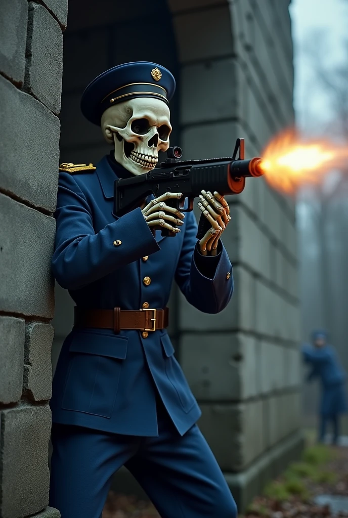 A skeleton in navy costume fireing behind the wall to the enemy