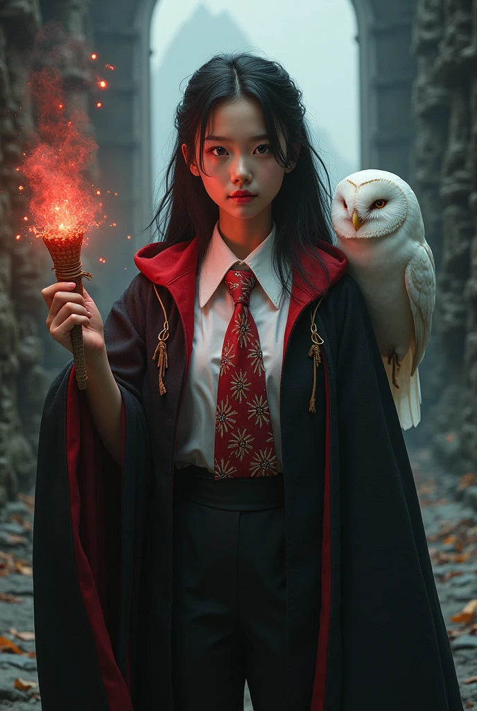 photorealistic photo, asian woman, white skin, Facing straight, Fluffy black hair, Slender fingers, There are five fingers on each hand., Black witch cloak, Red inner hood, black witch hat, White collared inner shirt, Red and white patterned tie, In the hand holding a small magic wand, There were red sparks and red smoke coming out of the wood., A white owl stands on the right shoulder., A large golden lion with a fiery red mane appeared from the left rear., The background is an old black castle.