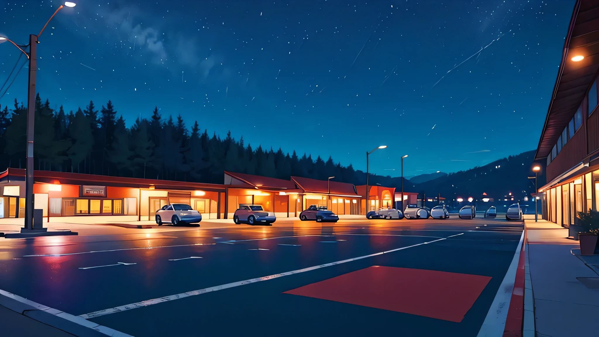 a parking lot at night, no humans, no persons