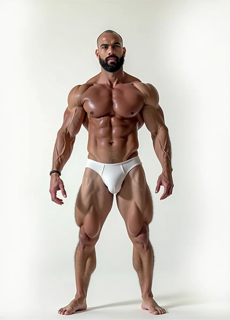 Ultra-realistic, hyper-detailed 8K photograph of a confident, muscular 4 Spanish man with a powerful build and perfectly shaved head, standing centered and fully visible from head to toe in the frame. The man has a sensually desirous expression, with arms relaxed and hands hanging naturally by his sides, showing a harmonious physique. He is completely naked except for a shiny bubblegum pink patent leather jockstrap with a sleek, sexy design that subtly reveals an impressive XXXL bulge, emphasizing his massive attributes. The lighting is expertly balanced to ensure that the entire face is evenly illuminated, allowing every detail of his strong, masculine features to be seen clearly, with no shadows obscuring the facial details. The lighting also enhances the contours and definition of his muscular form. The entire body is perfectly framed, with equal margins around the top and bottom to ensure no part of the body, including the feet, is cut off. The background is a solid, neutral color ideal for a photoshoot, making it easy to remove for a transparent effect later. The image composition follows the golden ratio, capturing the man's masculine beauty and attractive pose with a perfect face, flawless hands, and eyes that convey intensity. Shot with a Nikon D750f / 1.4 55mm, physically based rendering, and a masterful finish for the ultimate in visual quality. Ful_Body Full_Body (Masterpiece) (Best Quality) (Extremely Detailed) (Photorealistic) (Full Body) (Perfect Composition) (Wide Shoulders) (Attractive Male) (Detailed Chest Muscles with Hair) (Golden Ratio) (Balanced Professional Lighting) (Even Illumination) (Sharp Focus) (Realistic Skin Texture)