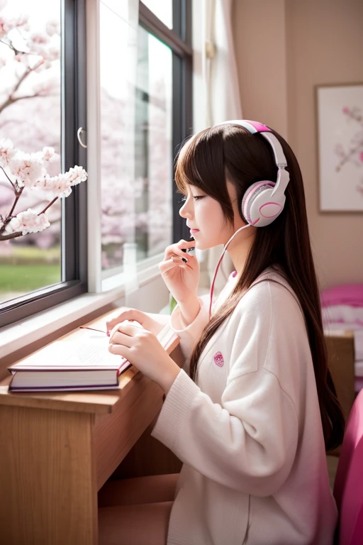 Beautiful girl studying in her room while listening to music with headphones Warm lighting Outside the room, cherry blossoms are blooming Japanese anime style